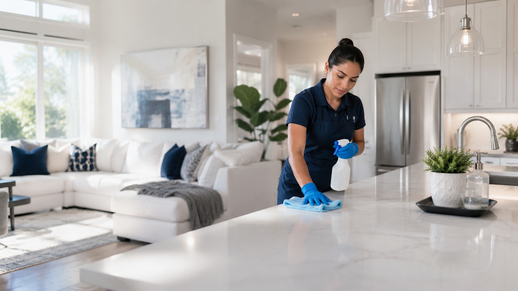 Mr & Mrs Castro Clean Service team cleaning a bright kitchen counter
